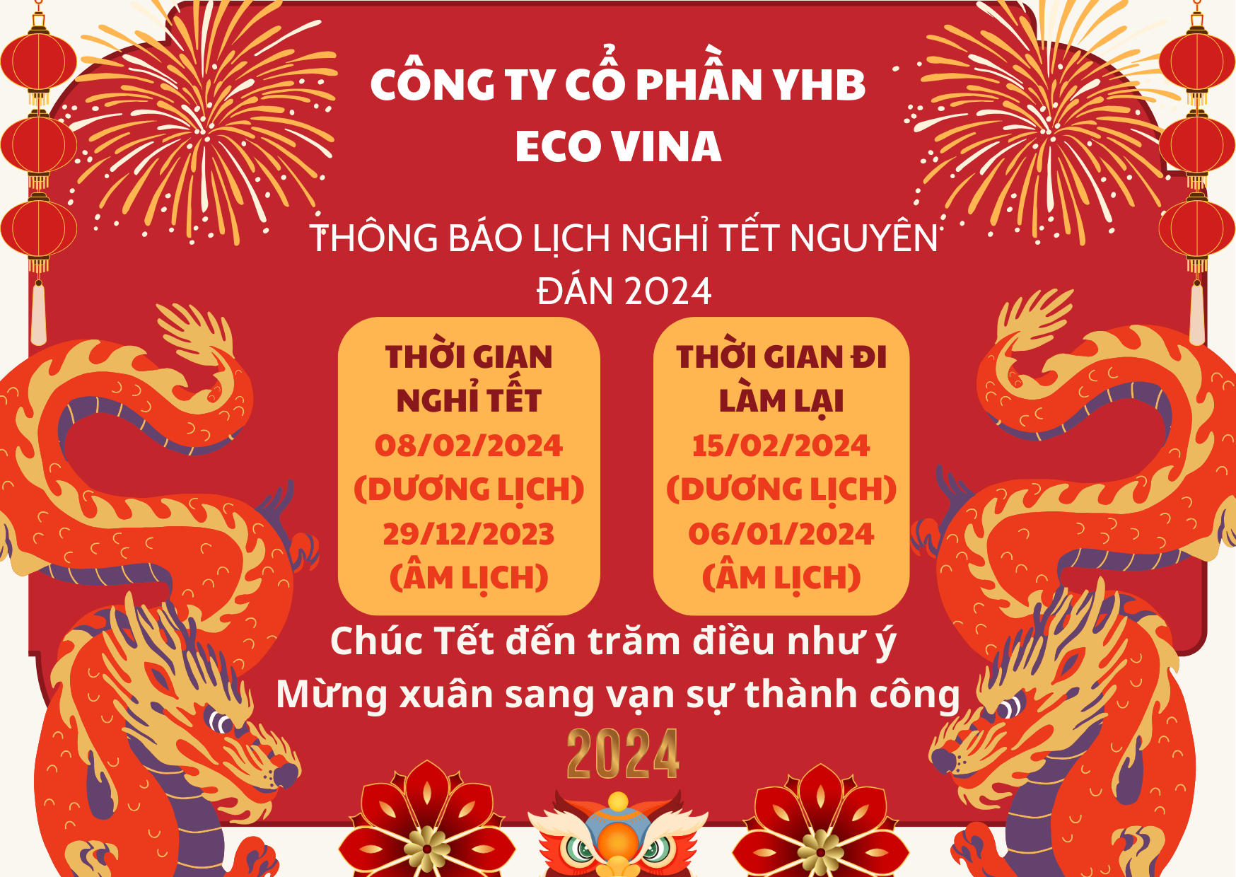 THÔNG BÁO LỊCH NGHỈ TẾT NGUYÊN ĐÁN 2024